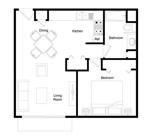 Floor plan for 1 bed, 1 bath, 764 sqft